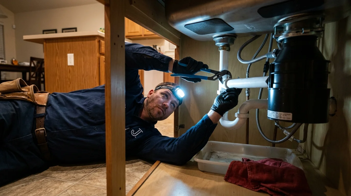P-trap and supply line connections under a kitchen sink showing a common leak point in Dillon, MT